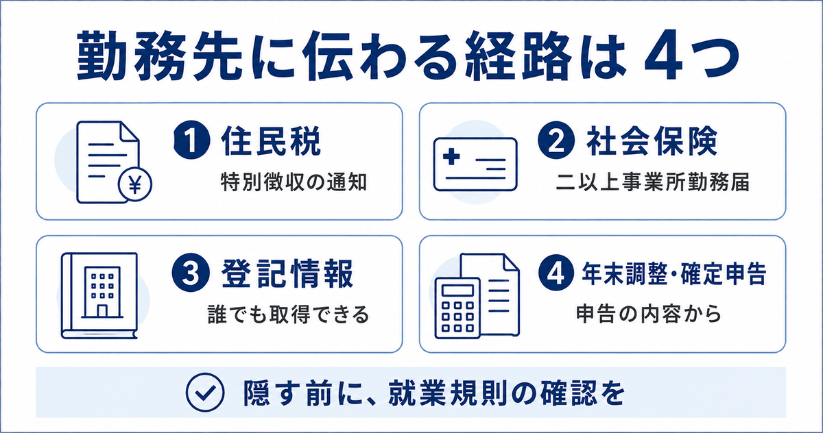 勤務先に伝わりうる4つの経路。①住民税の特別徴収の通知、②社会保険の二以上事業所勤務届、③登記情報は誰でも取得できる、④年末調整・確定申告の内容から。隠す前に就業規則の確認を。