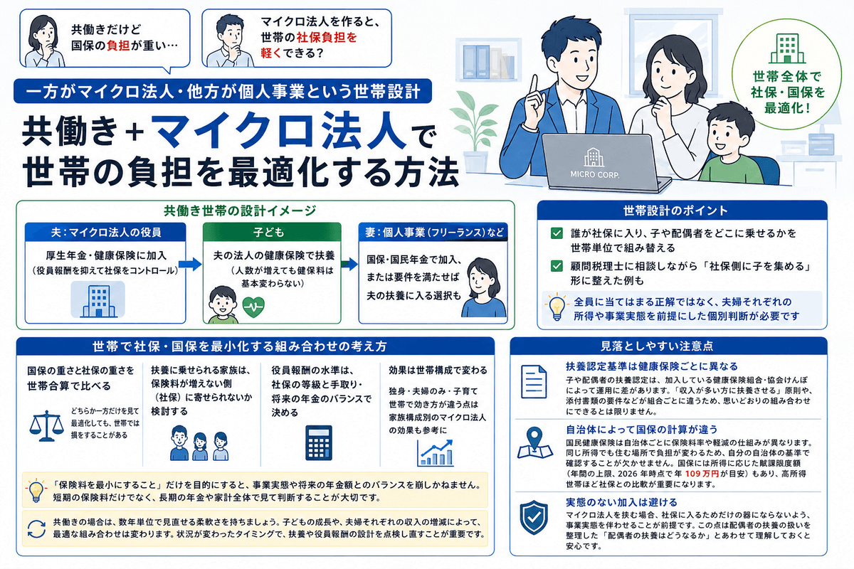 共働き世帯とマイクロ法人の図解。一方がマイクロ法人の役員として厚生年金・健康保険に加入し、子どもをその健康保険で扶養に入れ（人数が増えても健康保険料は基本変わらない）、他方は個人事業として国保・国民年金に加入するか要件を満たせば扶養に入る設計。世帯で社保・国保を最小化する考え方は、国保と社保の重さを世帯合算で比べる、扶養に乗せる家族は保険料が増えない側に寄せる、役員報酬は等級と手取りと将来の年金のバランスで決める、効果は世帯構成で変わる。注意点は、扶養認定基準が健康保険組合ごとに異なること、国保の計算が自治体ごとに違い賦課限度額は2026年時点で年109万円が目安であること、実態のない加入は避けること